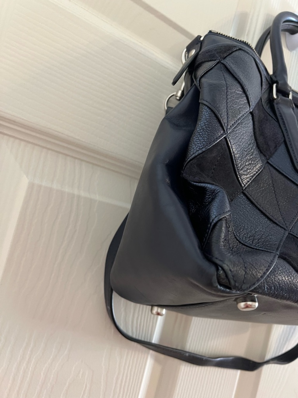 Stunning RARE Coach Morgan Diamond Patchwork Leather & Suede Satchel Bag Navy - Picture 4 of 16